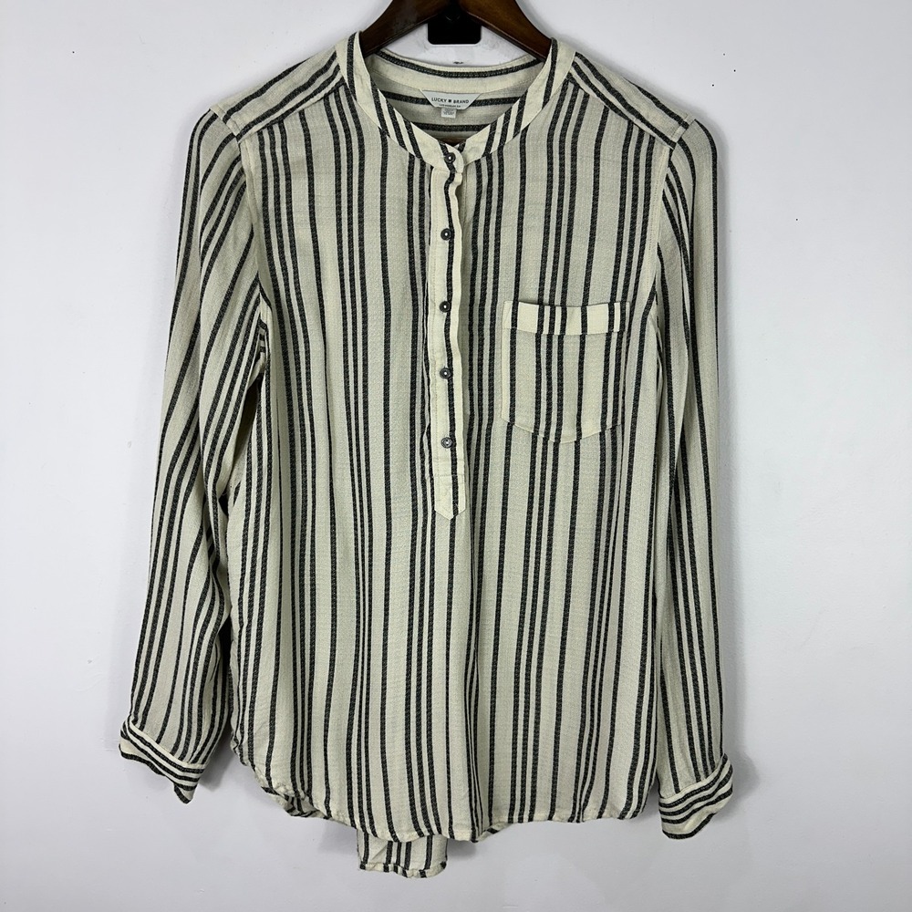 Lucky‎ Brand Womens Medium Cream Gray Striped Top Boho Coastal Popover Blouse